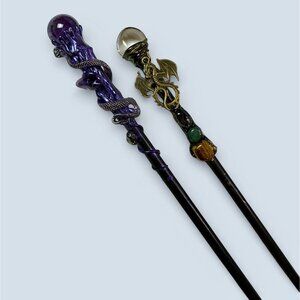 2 Handcrafted Fantasy Wands - Dragon & Snake Motif With Gem Accents For Cosplay